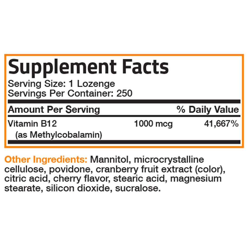Bronson Vitamins Vitamin B12 Quick Release Sublingual - Cherry - 1,000 mcg - 250 Tablets, Item #233B, Supplement Facts Panel
