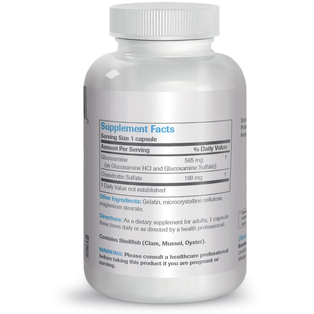 Bronson Vitamins Glucosamine and Chondroitin - 60 Capsules, Item #257A, Bottle, Back Label, Supplement Facts, Other Ingredients, Directions and Warnings