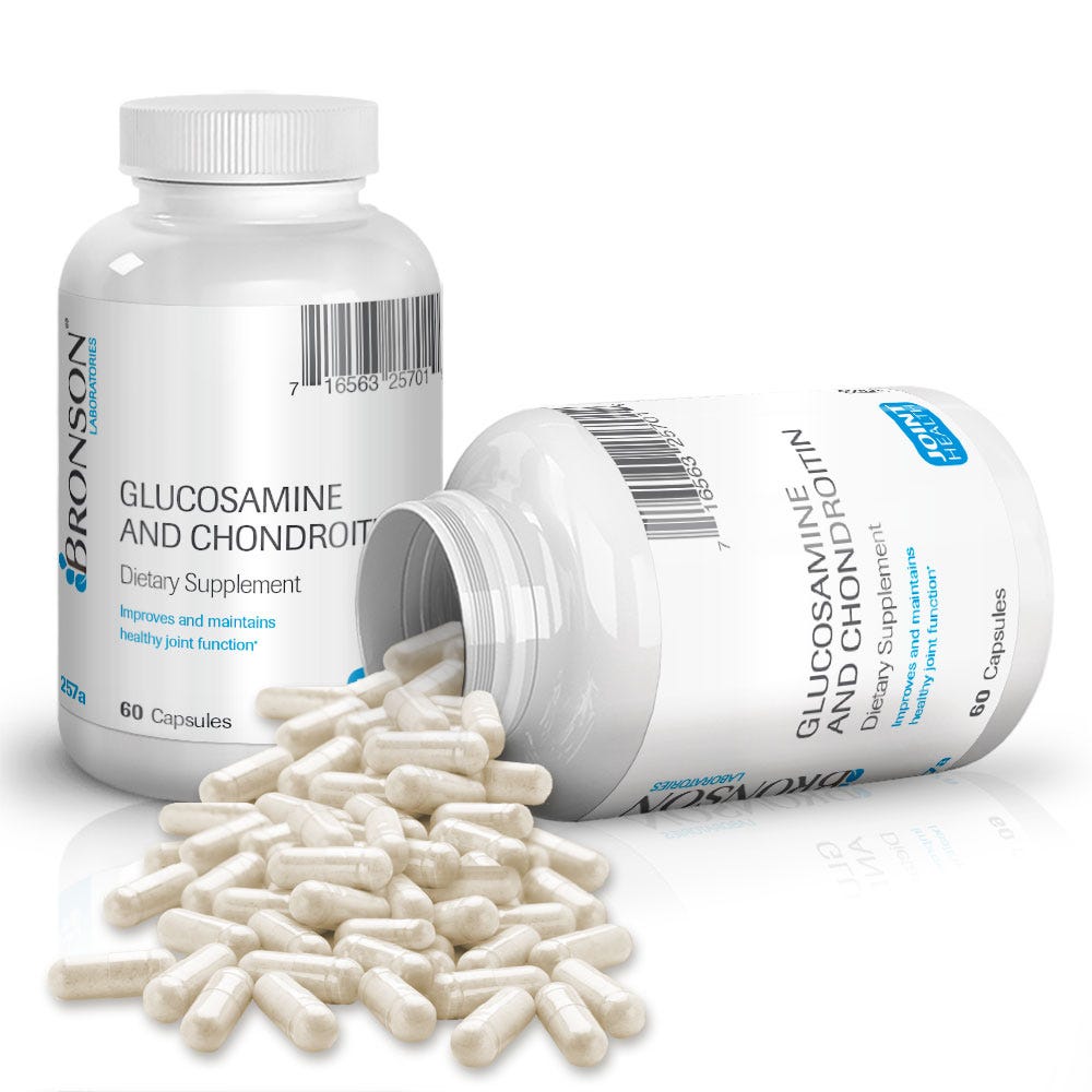Bronson Vitamins Glucosamine and Chondroitin - 60 Capsules, Item #257A, Two Bottles , Front Label, One Bottle on Side , Capsules Displayed