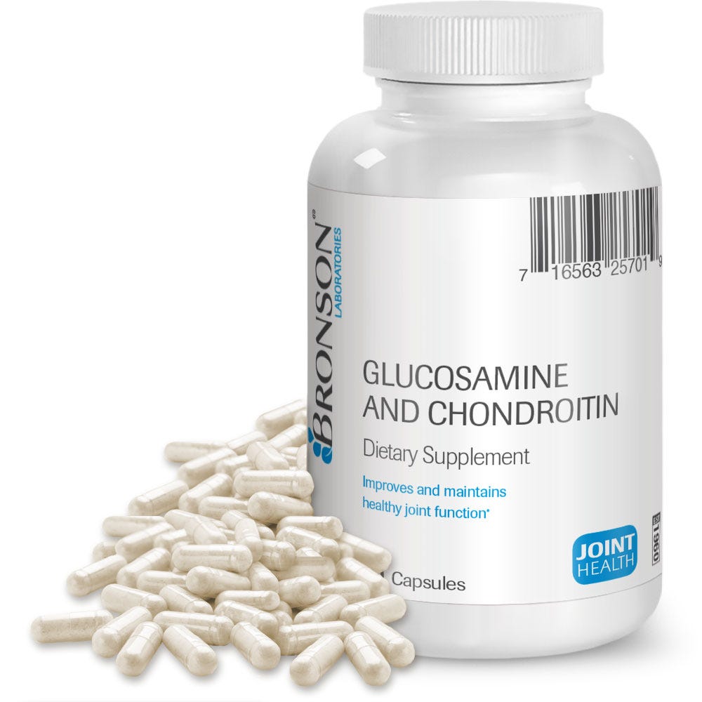 Bronson Vitamins Glucosamine and Chondroitin - 60 Capsules, Item #257A, Bottle, Front Label with Capsules
