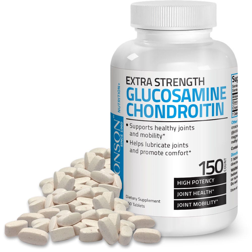 Bronson Vitamins Glucosamine and Chondroitin Extra Strength and High Potency - 150 Tablets, Item #259B, Bottle, Front Label with Tablets