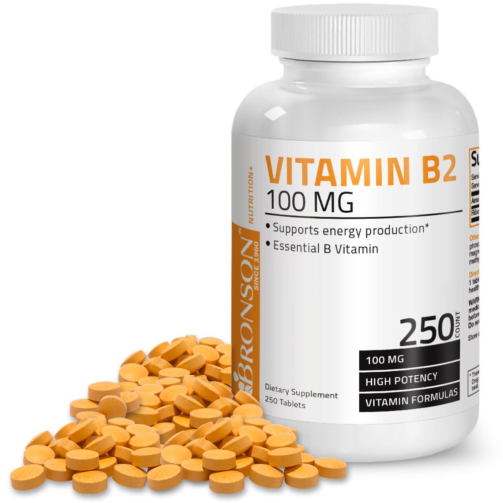 Bronson Vitamins Vitamin B2 Riboflavin - 100 mg - 250 Tablets, Item #27B, Bottle, Front Label with Tablets