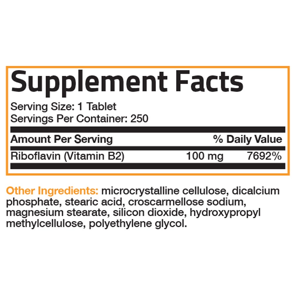 Bronson Vitamins Vitamin B2 Riboflavin - 100 mg - 250 Tablets, Item #27B, Supplement Facts Panel