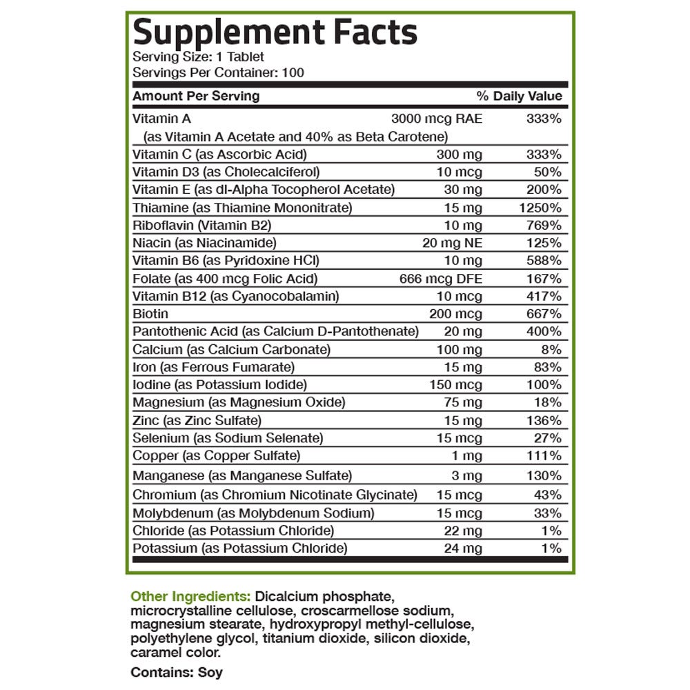 Bronson Vitamins Therapeutic Formula Once Daily Multivitamin - 100 Tablets, Item #2A, Supplement Facts Panel

