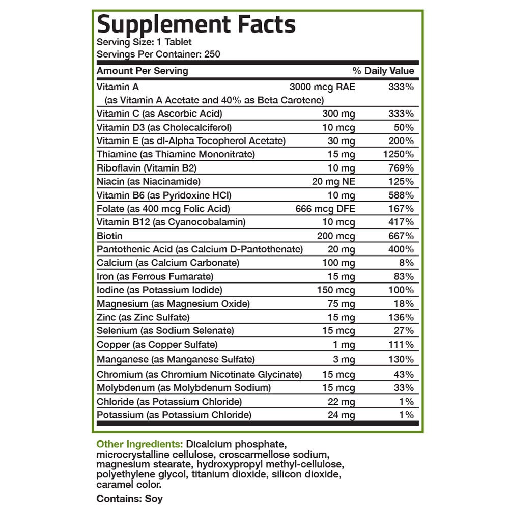 Bronson Vitamins Therapeutic Formula Once Daily Multivitamin - 250 Tablets, Item #2B, Supplement Facts Panel