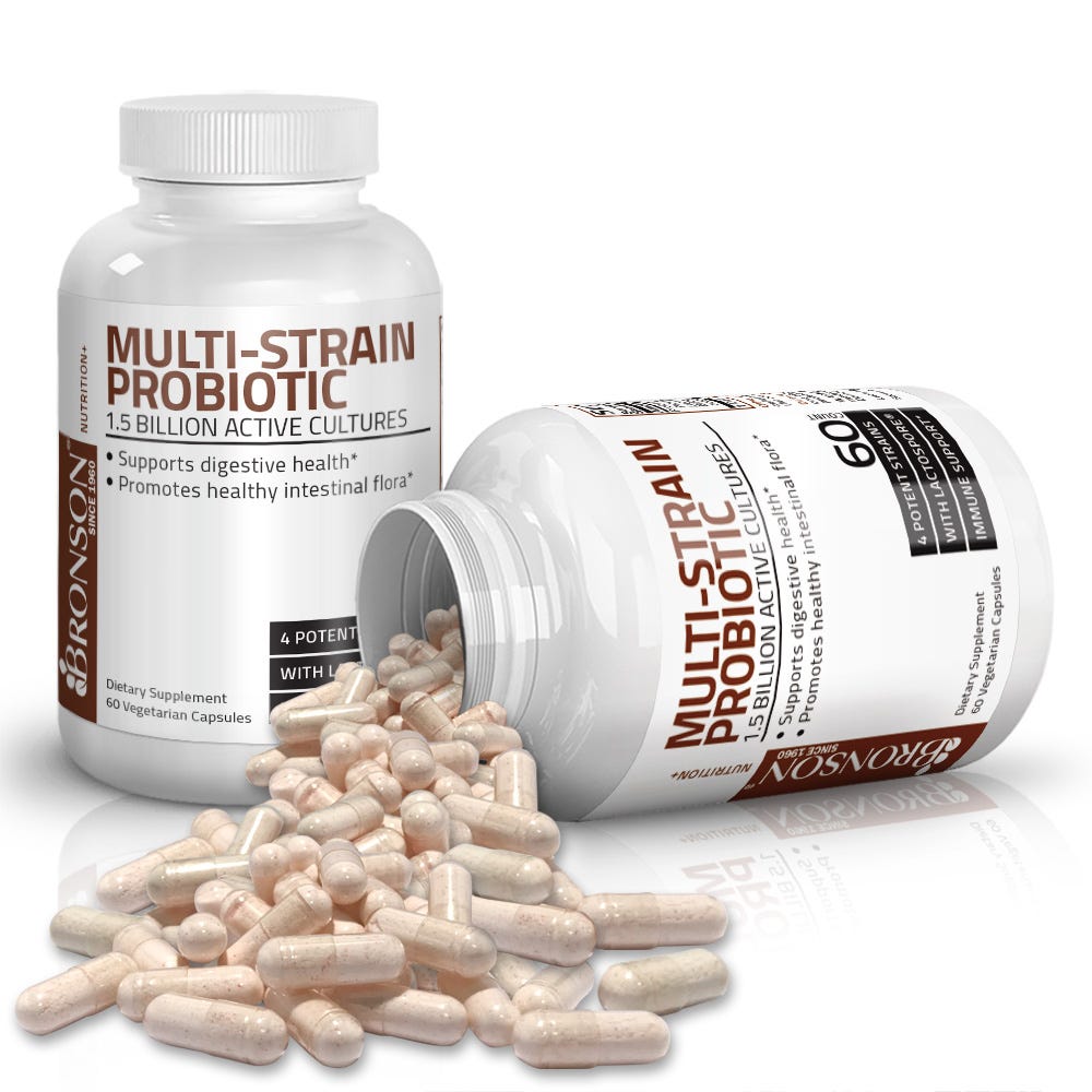 Bronson Vitamins Multi-Strain Probiotic - 1.5 Billion CFU - 60 Vegetarian Capsules, Item #312A, Two Bottles , Front Label, One Bottle on Side, Capsules Displayed