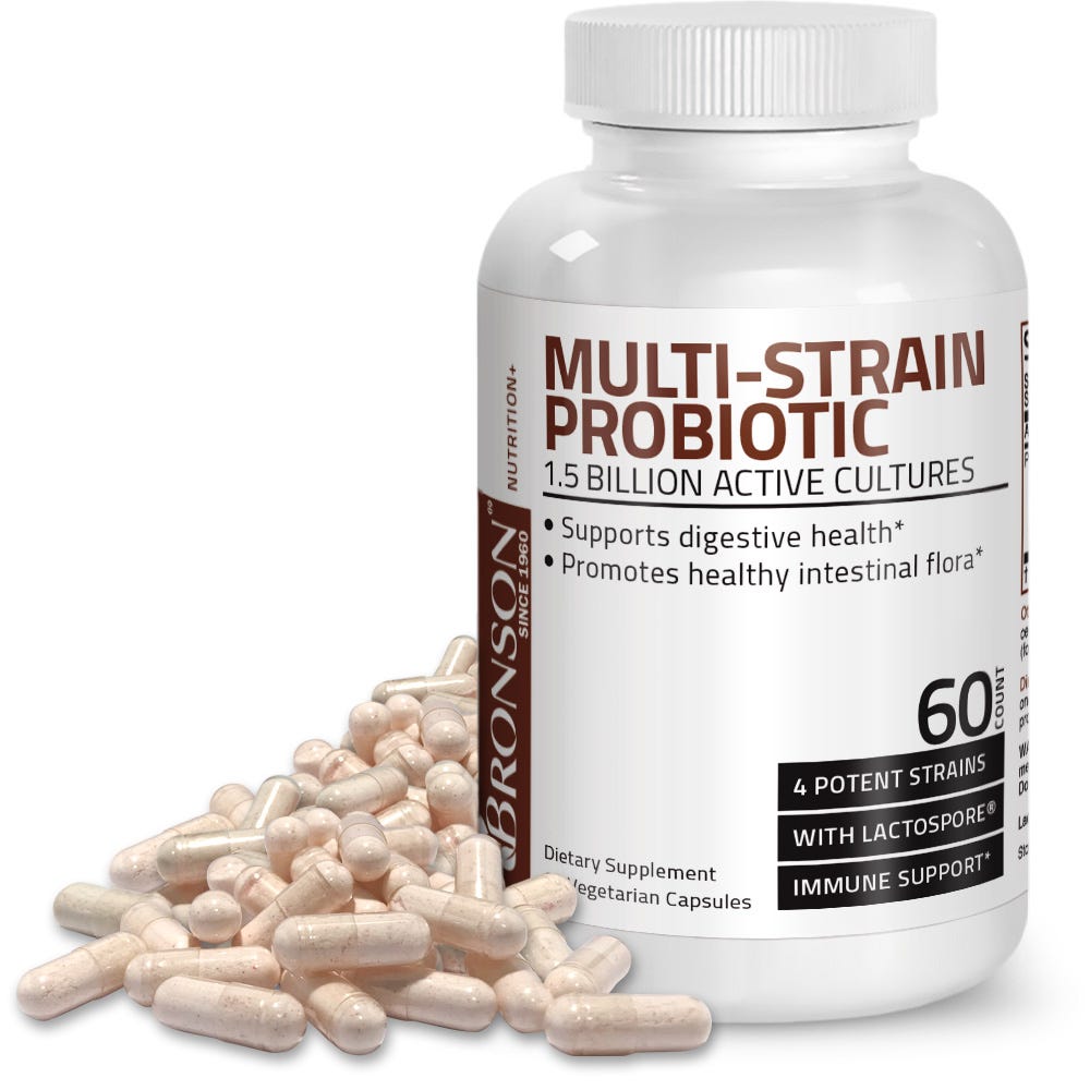 Bronson Vitamins Multi-Strain Probiotic - 1.5 Billion CFU - 60 Vegetarian Capsules, Item #312A, Bottle, Front Label with Capsules
