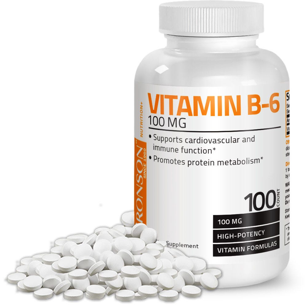 Bronson Vitamins Vitamin B6 Pyridoxine - 100 mg - 100 Tablets, Item #32A, Bottle, Front Label with Tablets