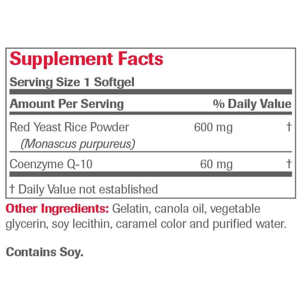 CoQ10 with Red Yeast Rice - 120 Softgels, Item #339B, Supplement Facts Panel