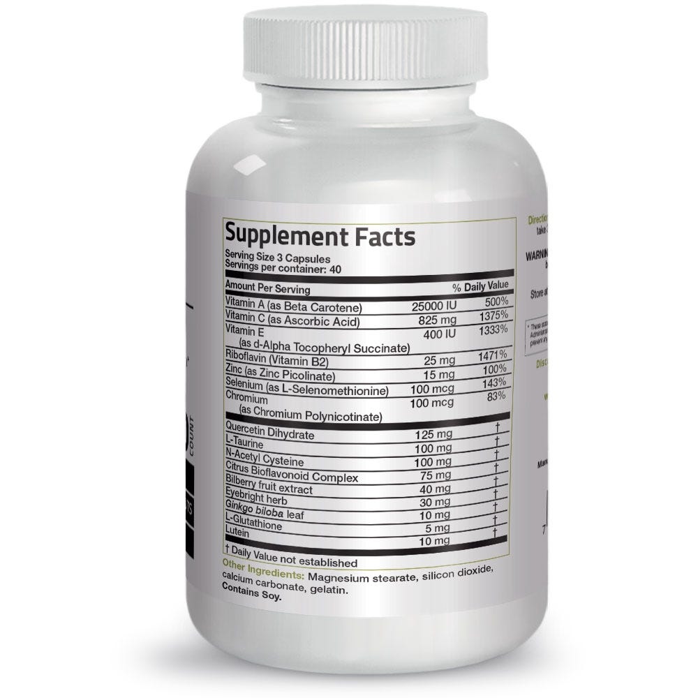 Bronson Vitamins Advanced NutriVision® Eye and Vision Formula - 120 Capsules, Item #356, Bottle, Back Label, Supplement Facts