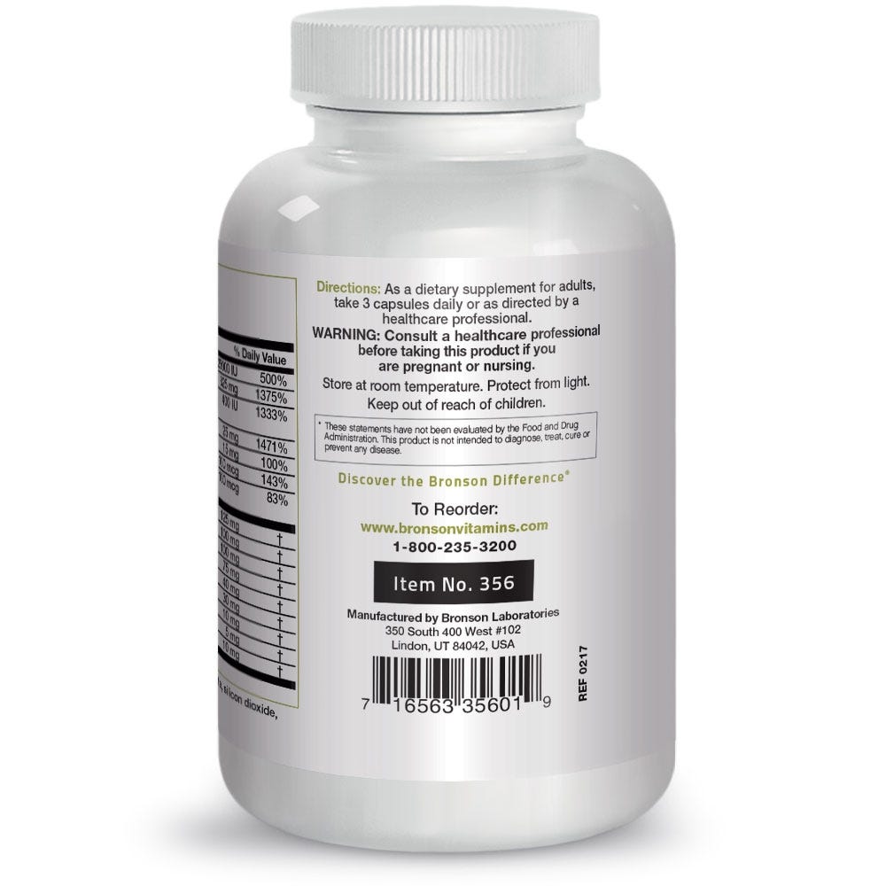 Bronson Vitamins Advanced NutriVision® Eye and Vision Formula - 120 Capsules, Item #356, Bottle, Side Label, Other Ingredients, Warnings