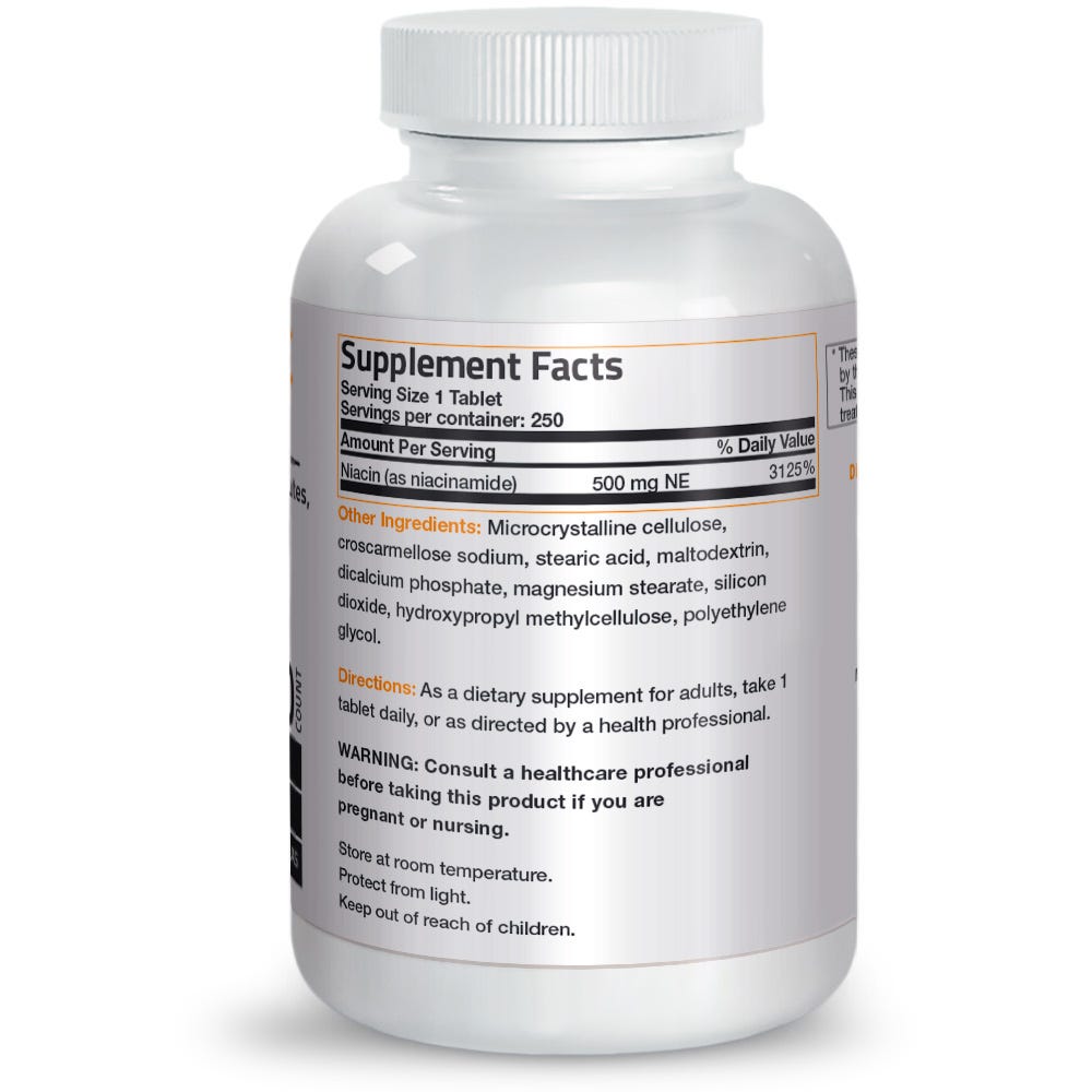 Bronson Vitamins No Flush Niacinamide Vitamin B3 - 500 mg - 250 Tablets, Item #37B, Bottle, Back Label, Supplement Facts, Other Ingredients, Directions and Warnings