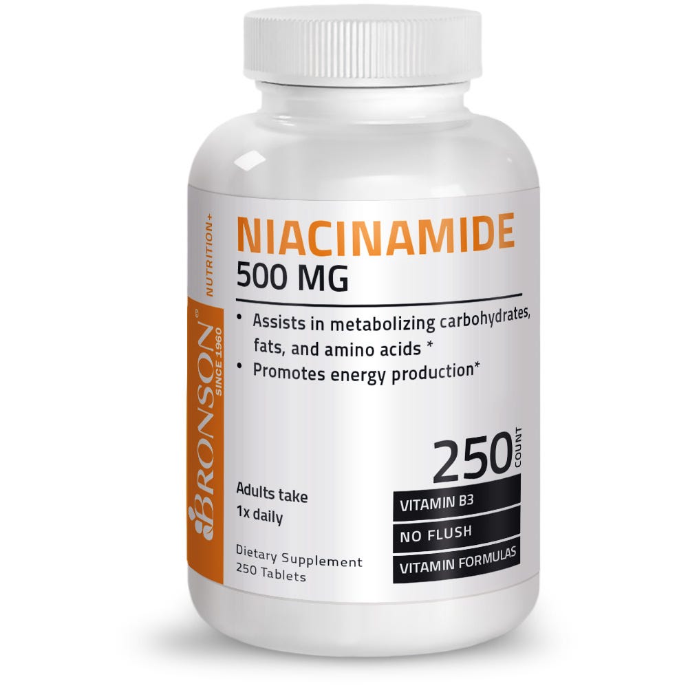 Bronson Vitamins No Flush Niacinamide Vitamin B3 - 500 mg - 250 Tablets, Item #37B, Bottle, Front Label