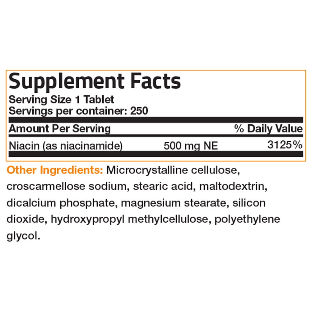 Bronson Vitamins No Flush Niacinamide Vitamin B3 - 500 mg - 250 Tablets, Item #37B, Supplement Facts Panel