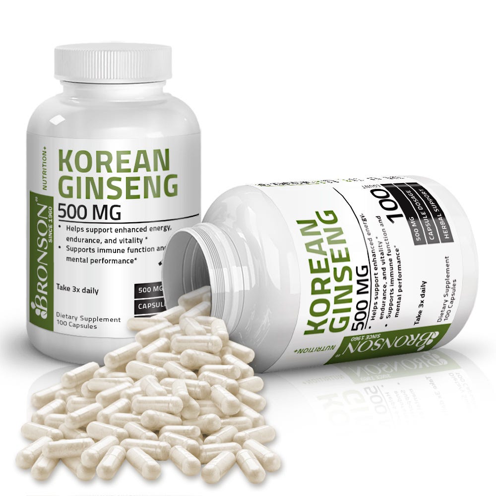 Bronson Vitamins Korean Panax Ginseng - 500 mg - 100 Capsules, Item #410, Two Bottles , Front Label, One Bottle on Side , Capsules Displayed