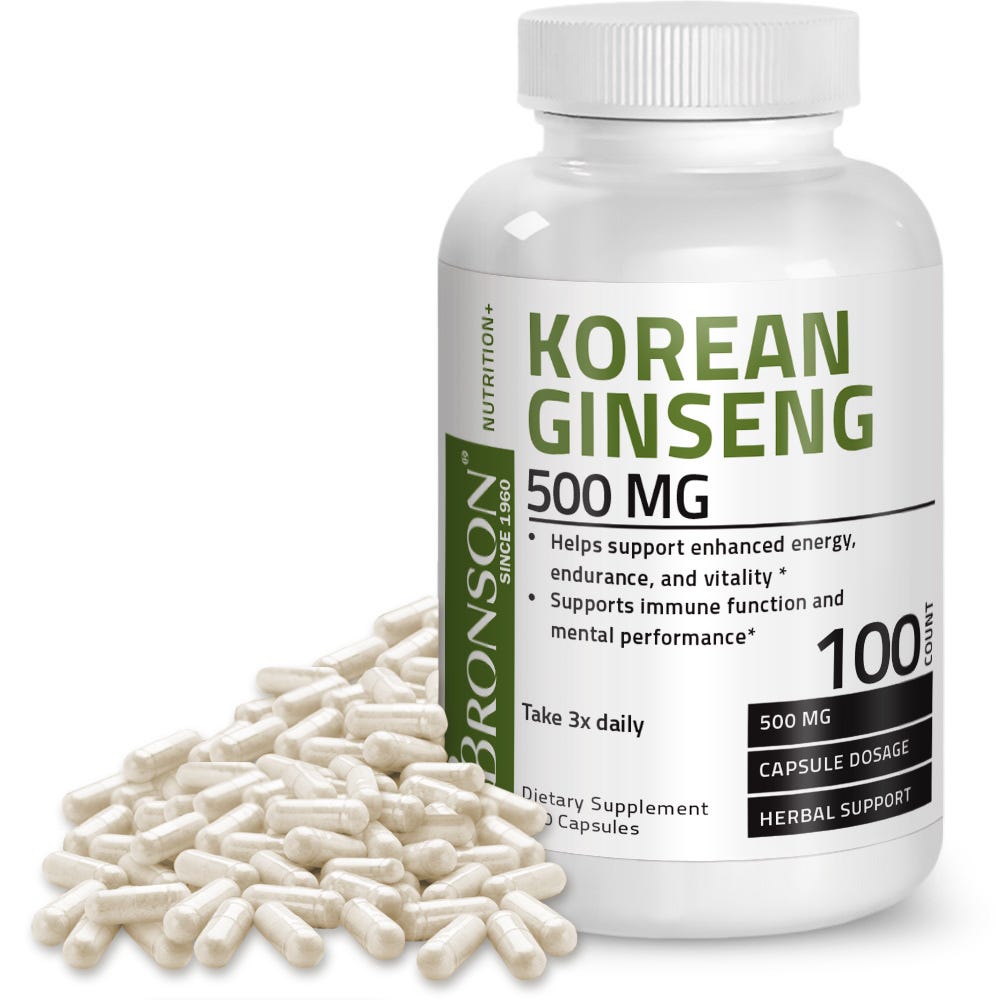 Bronson Vitamins Korean Panax Ginseng - 500 mg - 100 Capsules, Item #410, Bottle, Front Label with Capsules