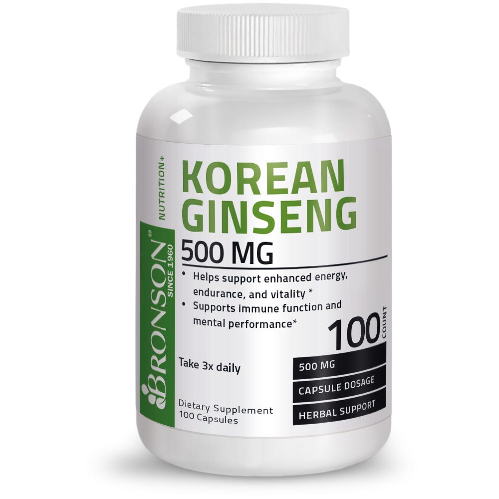 Bronson Vitamins Korean Panax Ginseng - 500 mg - 100 Capsules, Item #410, Bottle, Front Label