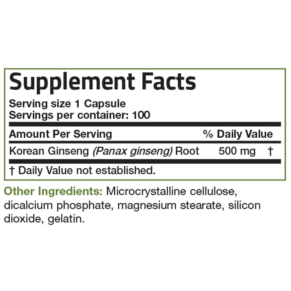 Bronson Vitamins Korean Panax Ginseng - 500 mg - 100 Capsules, Item #410, Supplement Facts Panel