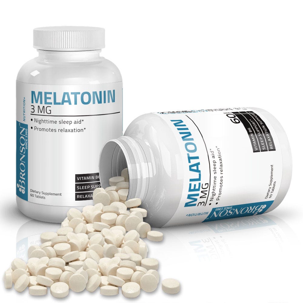 Bronson Vitamins Melatonin Sleep Aid Formula - 3 mg - 60 Tablets, Item #428, Two Bottles , Front Label, One Bottle on Side , Tablets Displayed
