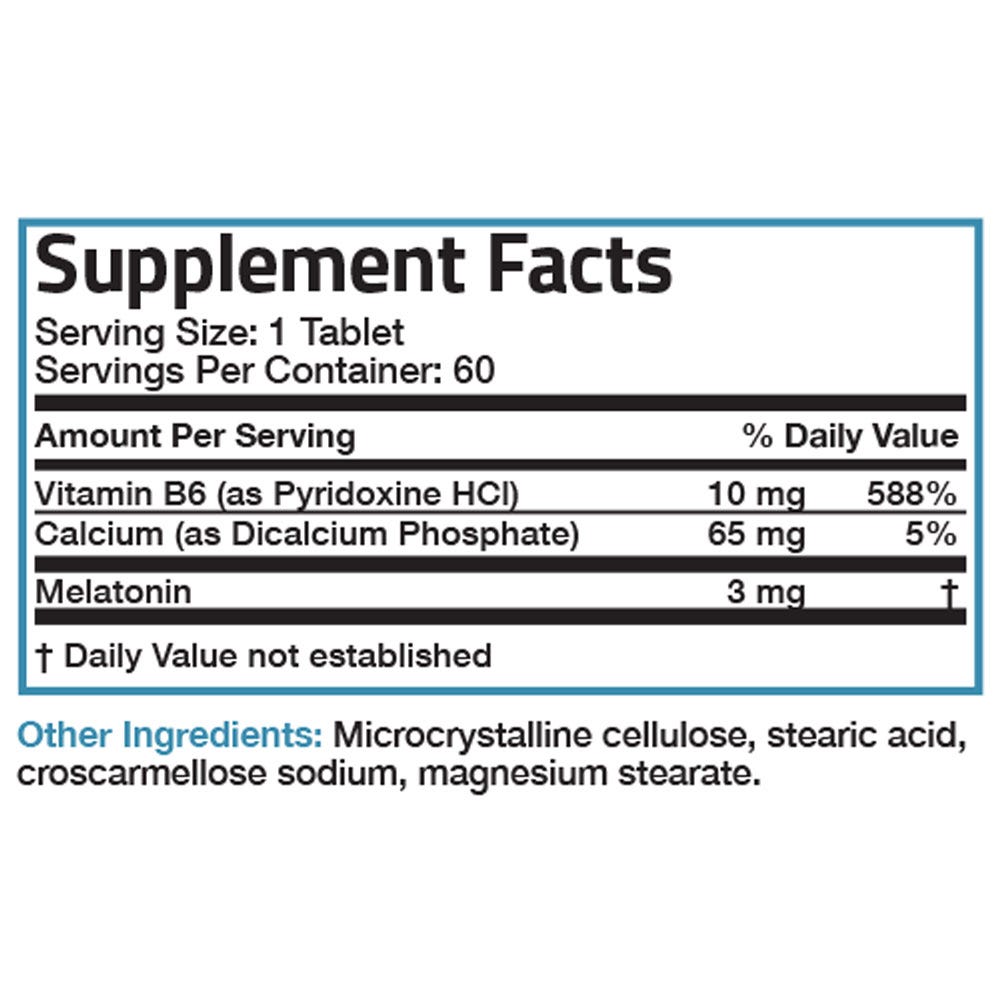 Bronson Vitamins Melatonin Sleep Aid Formula - 3 mg - 60 Tablets, Item #428, Supplement Facts Panel