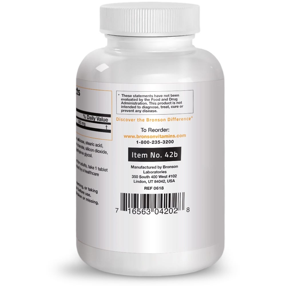 Bronson Vitamins Citrus Bioflavonoids - 500 mg - 250 Tablets, Item 42B, Bottle, Side Label, Manufacturer Information