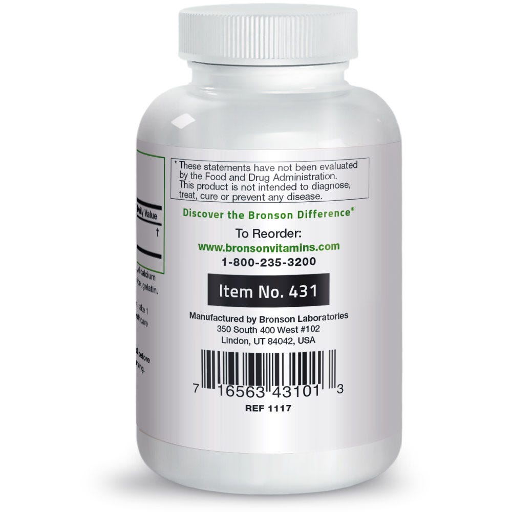 Bronson Vitamins Milk Thistle Seed Extract Silymarin - 125 mg - 100 Capsules, Item #431, Bottle, Side Label, Contact Info