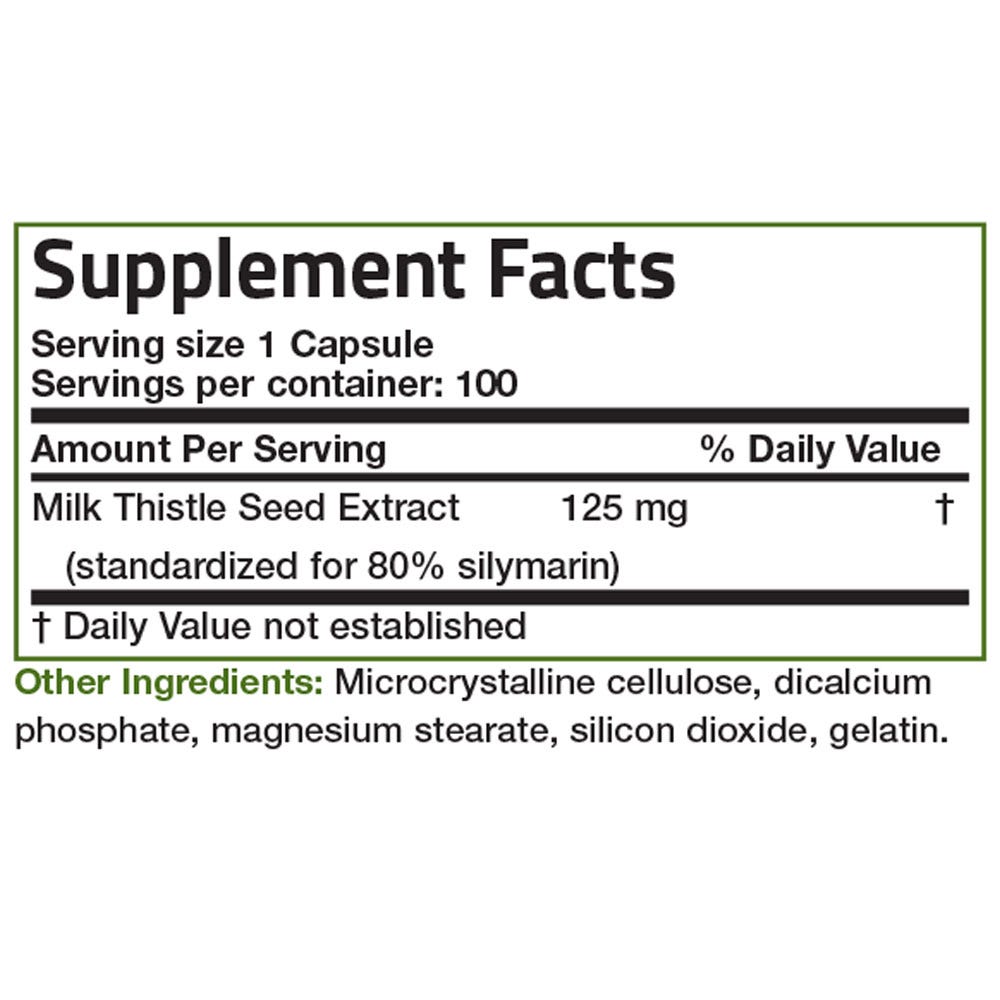 Bronson Vitamins Milk Thistle Seed Extract Silymarin - 125 mg - 100 Capsules, Item #431, Supplement Facts Panel