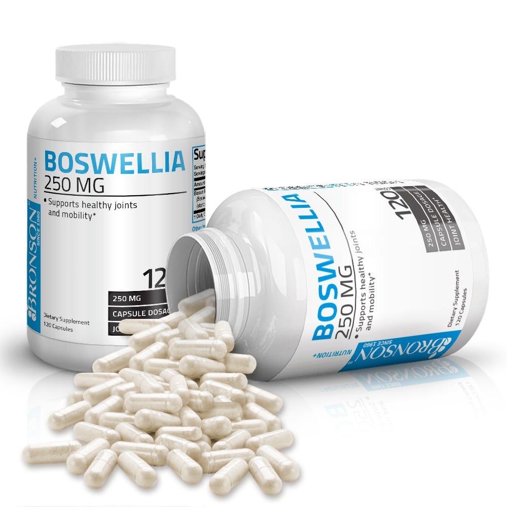Bronson Vitamins Boswellia Extract - 250 mg - 120 Capsules, Item #444B, Two Bottles , Front Label, One Bottle on Side , Capsules Displayed