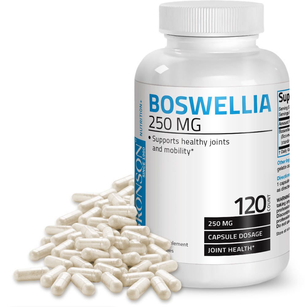 Bronson Vitamins Boswellia Extract - 250 mg - 120 Capsules, Item #444B, Bottle, Front Label with Capsules