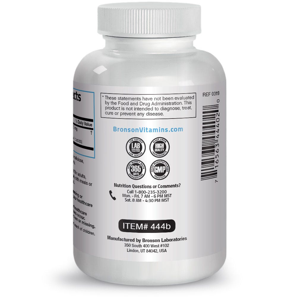 Bronson Vitamins Boswellia Extract - 250 mg - 120 Capsules, Item #444B, Bottle, Side Label, FDA Statement.