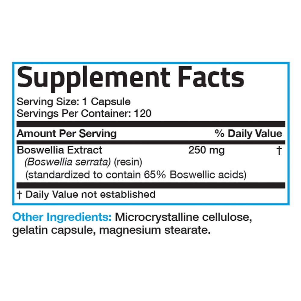 Bronson Vitamins Boswellia Extract - 250 mg - 120 Capsules, Item #444B, Supplement Facts Panel