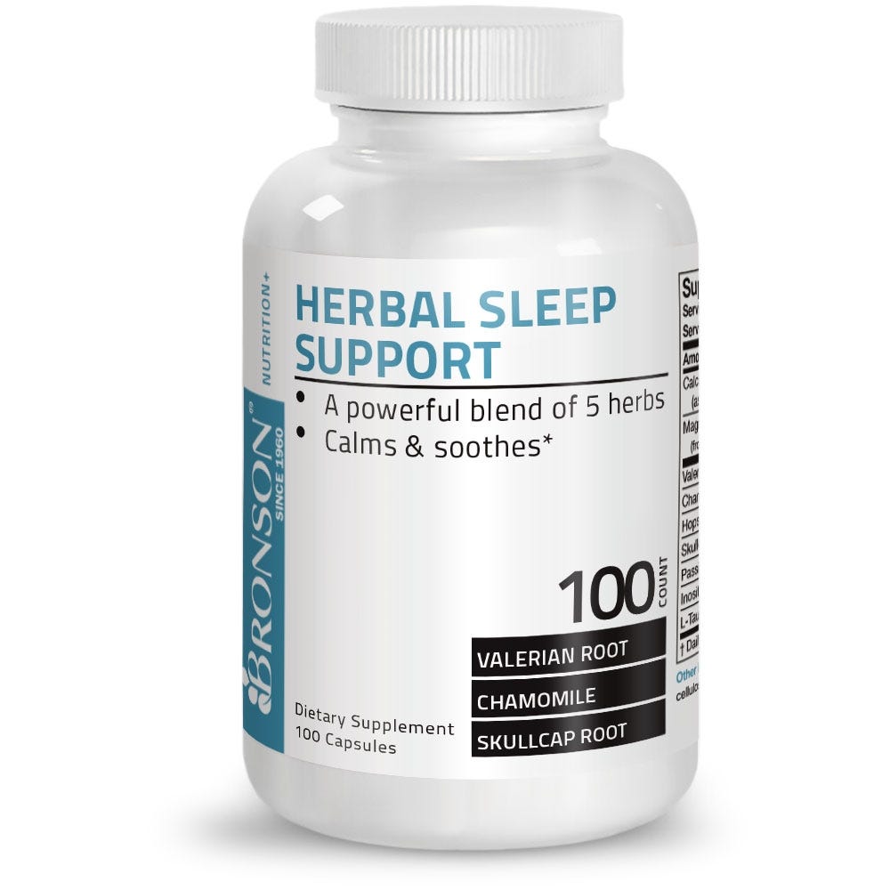 Bronson Vitamins Herbal Sleep Aid with Valerian - 100 Capsules, Item #456, Bottle, Front Label