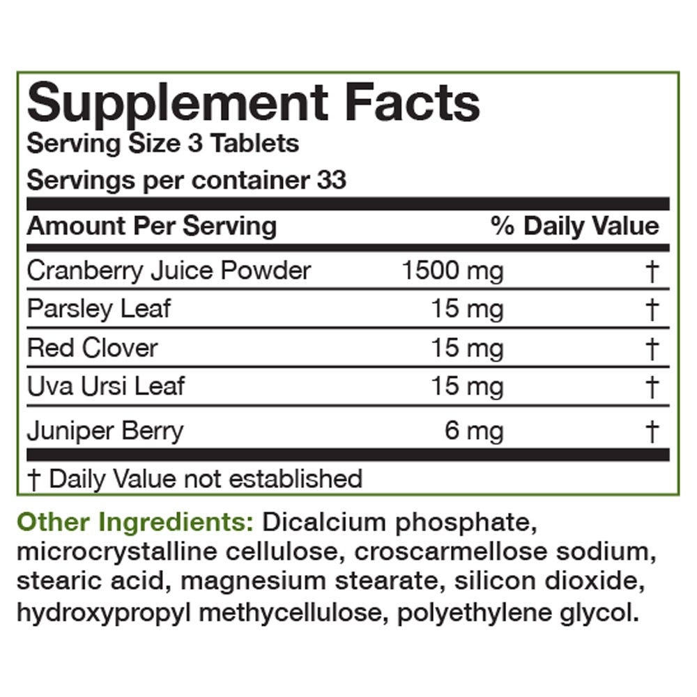 Cranberry Complex - 1,500 mg - 100 Tablets, Item #460, Supplement Facts Panel