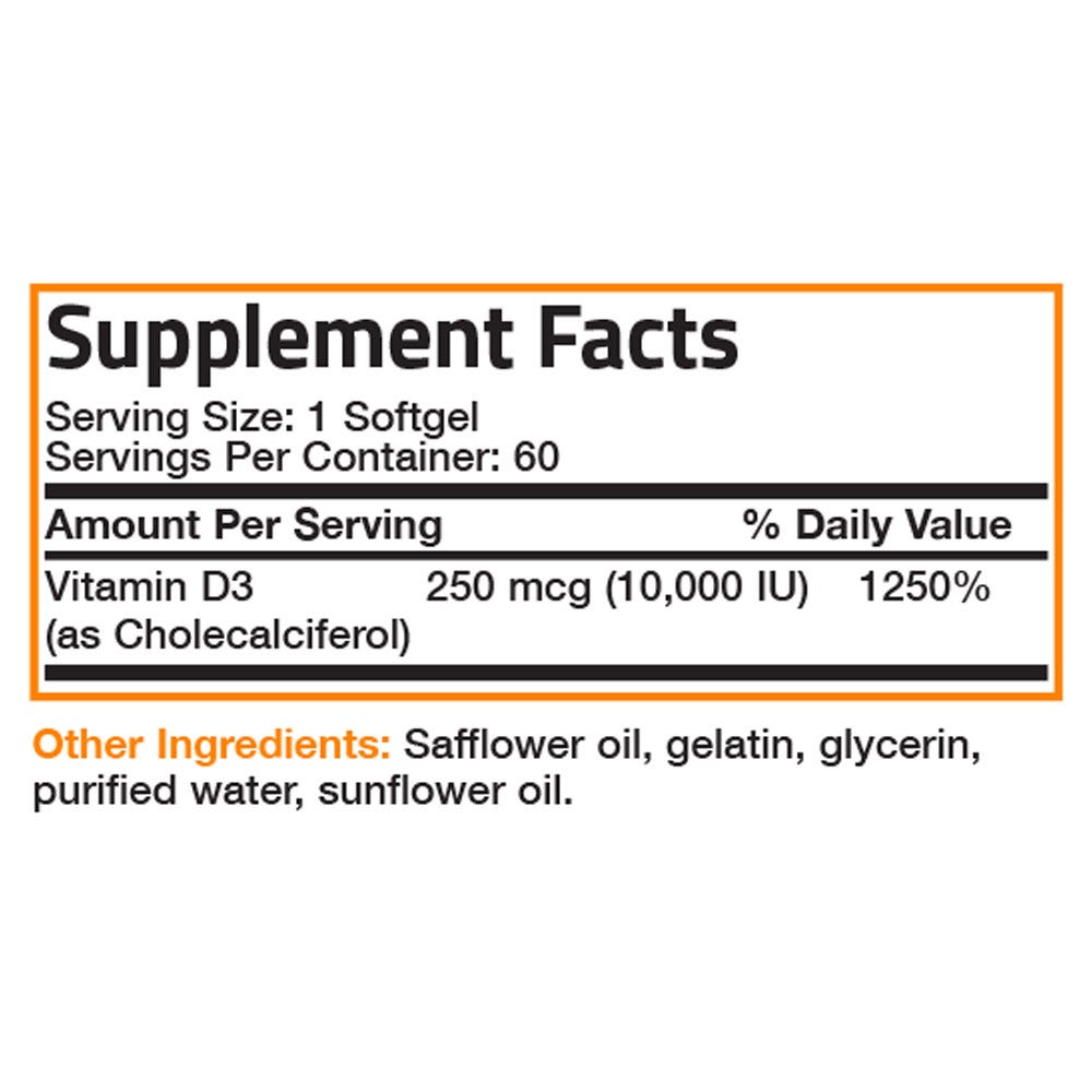 Bronson Vitamins Vitamin D3 - 10,000 IU - 60 Softgels, Item #498A, Supplement Facts Panel