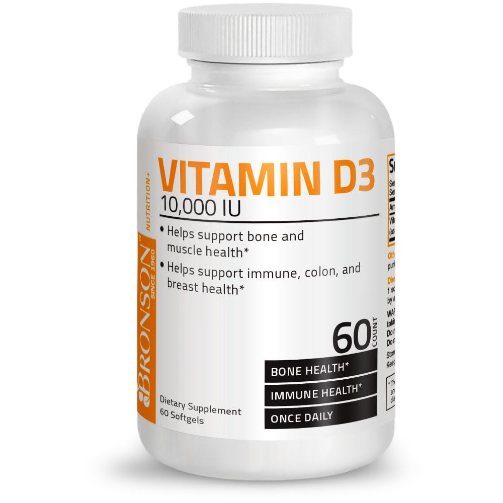 Bronson Vitamins Vitamin D3 - 10,000 IU - 60 Softgels, Item #498A, Bottle, Front Label