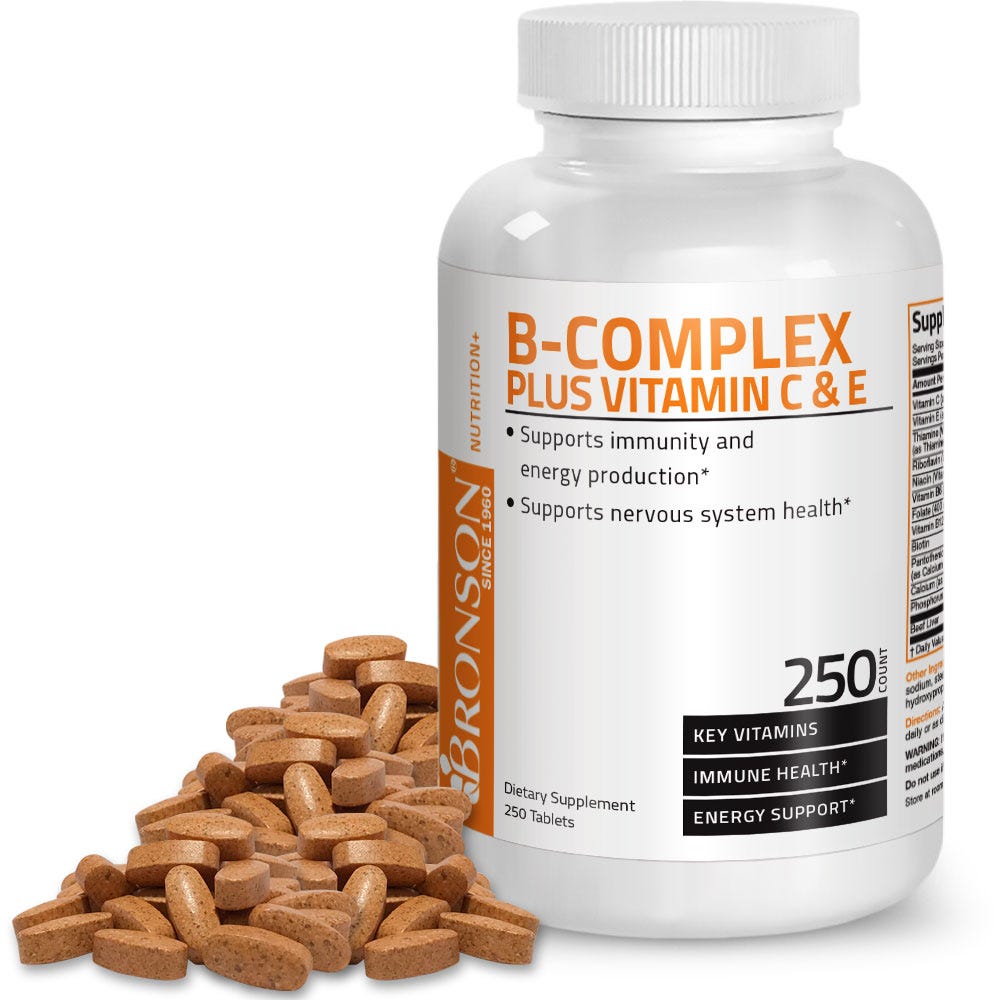 Bronson Vitamins Vitamin B-Complex with Vitamins C & E - 250 Tablets, Item #4B, Bottle, Front Label with Tablets