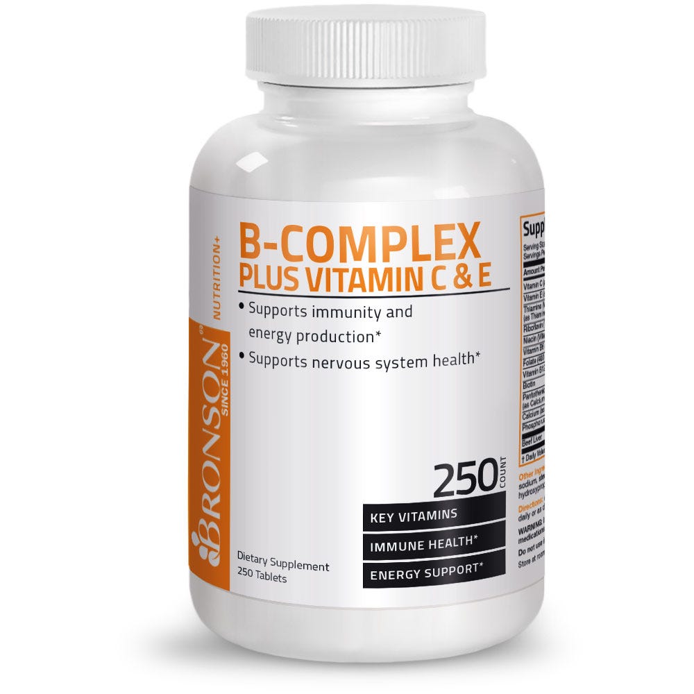 Bronson Vitamins Vitamin B-Complex with Vitamins C & E - 250 Tablets, Item #4B, Bottle, Front Label