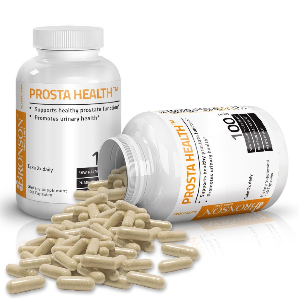 Bronson Vitamins Prosta Health™ Prostate Formula - 100 Capsules, Item #512A, Two Bottles , Front Label, One Bottle on Side, Capsules Displayed