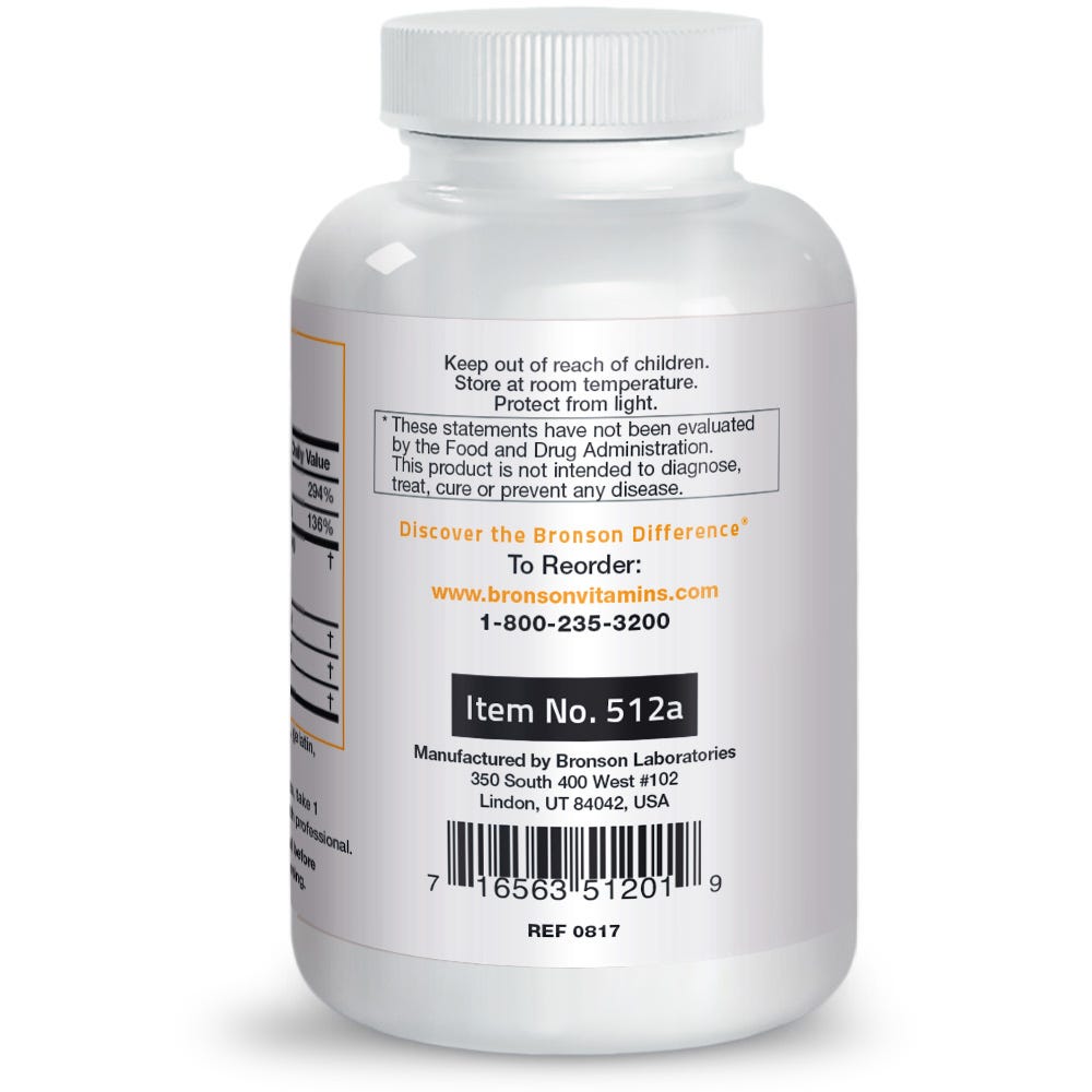 Bronson Vitamins Prosta Health™ Prostate Formula - 100 Capsules, Item #512A, Bottle, Side Label, Contact Info