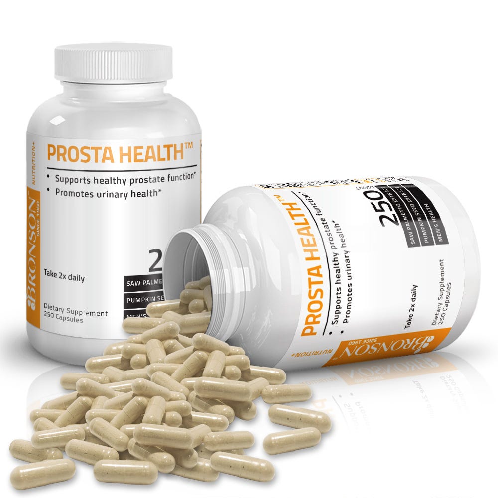 Bronson Vitamins Prosta Health™ Prostate Formula - 250 Capsules, Item #512B, Two Bottles , Front Label, One Bottle on Side, Capsules Displayed
