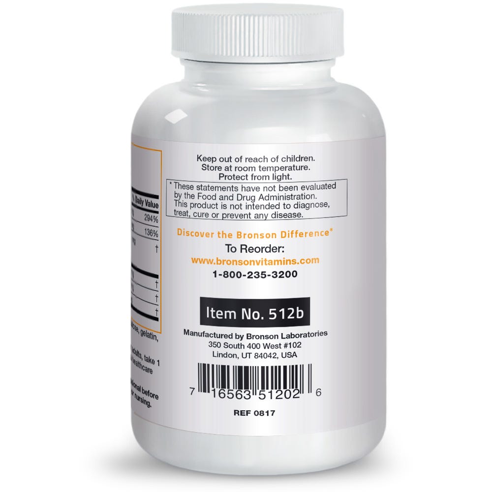 Bronson Vitamins Prosta Health™ Prostate Formula - 250 Capsules, Item #512B, Bottle, Side Label, Contact Info