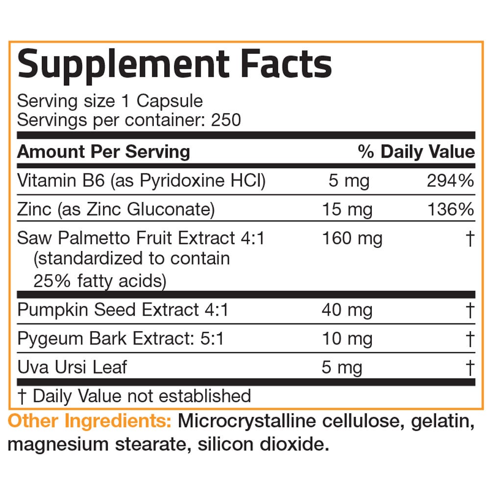 Bronson Vitamins Prosta Health™ Prostate Formula - 250 Capsules, Item #512B, Supplement Facts Panel