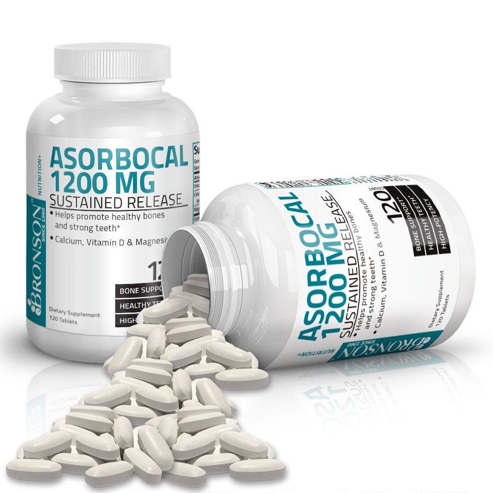 Bronson Vitamins AsorboCal Calcium Magnesium and Vitamin D-3 1,200 mg - 120 Tablets, Item #516A, Two Bottles , Front Label, One Bottle on Side , Capsules Displayed
