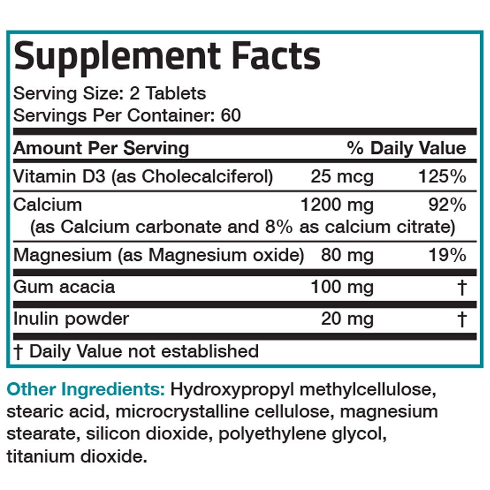 Bronson Vitamins AsorboCal Calcium Magnesium and Vitamin D-3 1,200 mg - 120 Tablets, Item #516A, Supplement Facts Panel