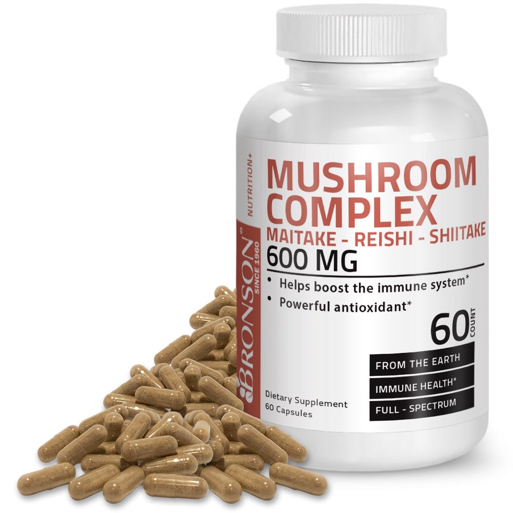 Bronson Vitamins Mushroom Complex - 60 Capsules, Item #517A, Bottle, Front Label with Capsules