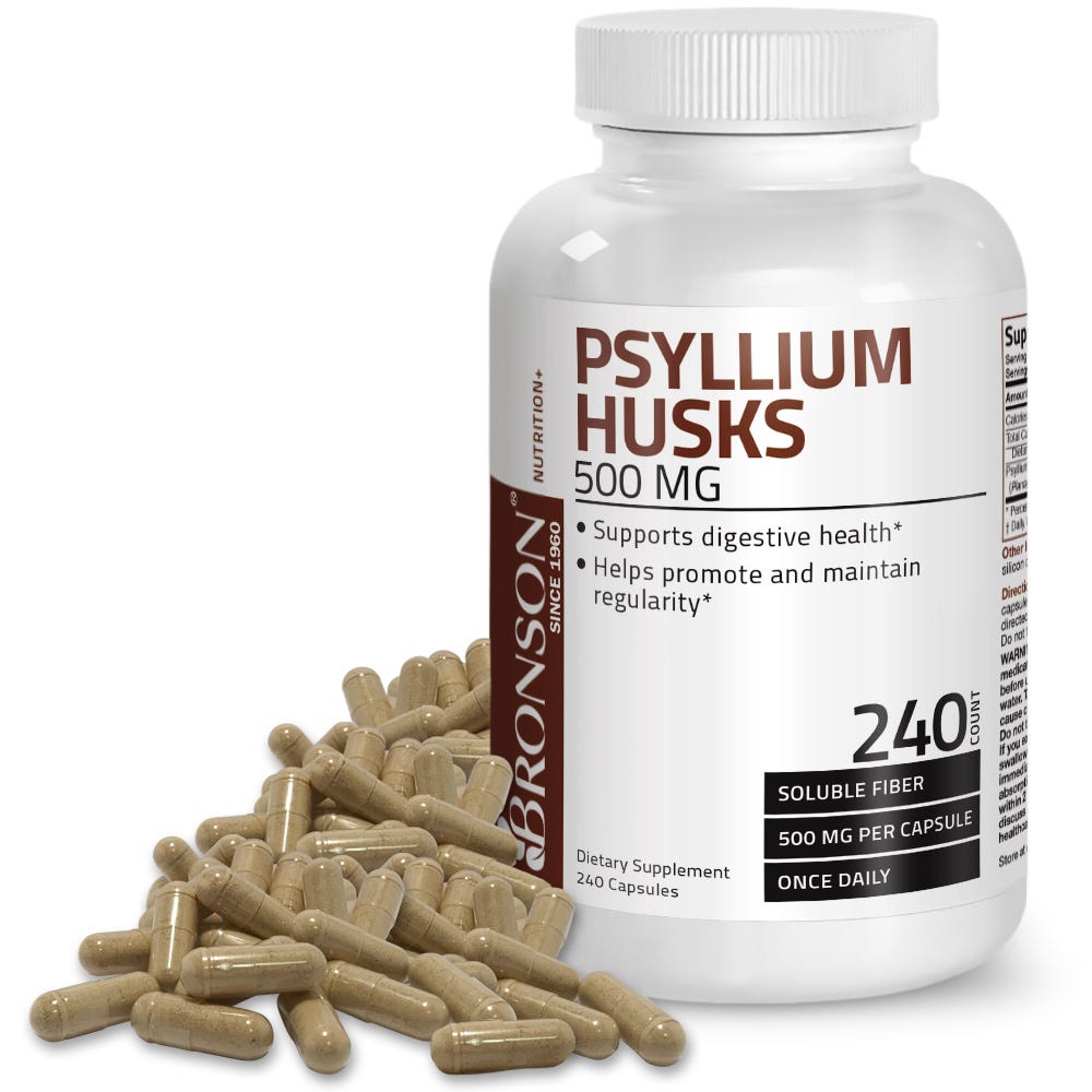 Bronson Vitamins Psyllium Husk Soluble Fiber - 500 mg - 240 Capsules, Item #599B, Bottle, Front Label with Capsules