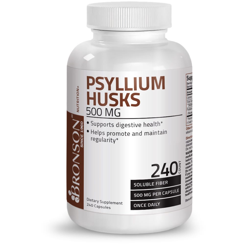 Bronson Vitamins Psyllium Husk Soluble Fiber - 500 mg - 240 Capsules, Item #599B, Bottle, Front Label