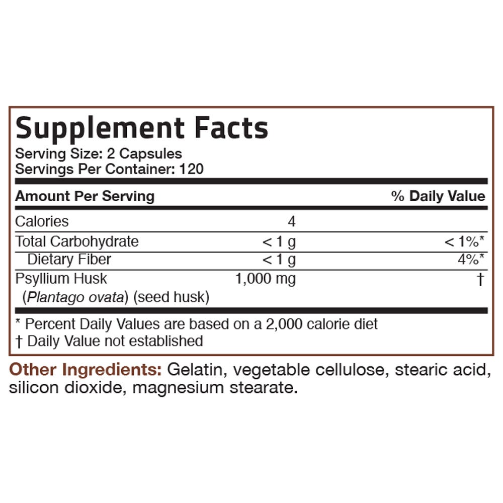Bronson Vitamins Psyllium Husk Soluble Fiber - 500 mg - 240 Capsules, Item #599B, Supplement Facts Panel