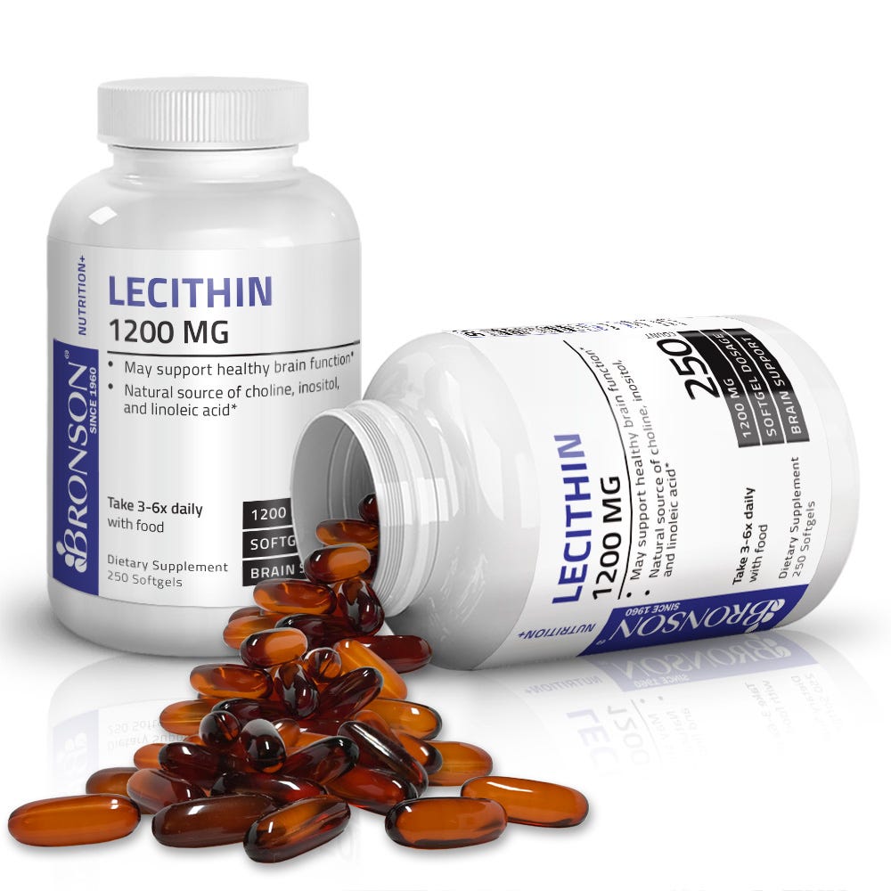 Bronson Vitamins Lecithin - 1,200 mg - 250 Softgels, Item #60B, Two Bottles , Front Label, One Bottle on Side , Softgels Displayed