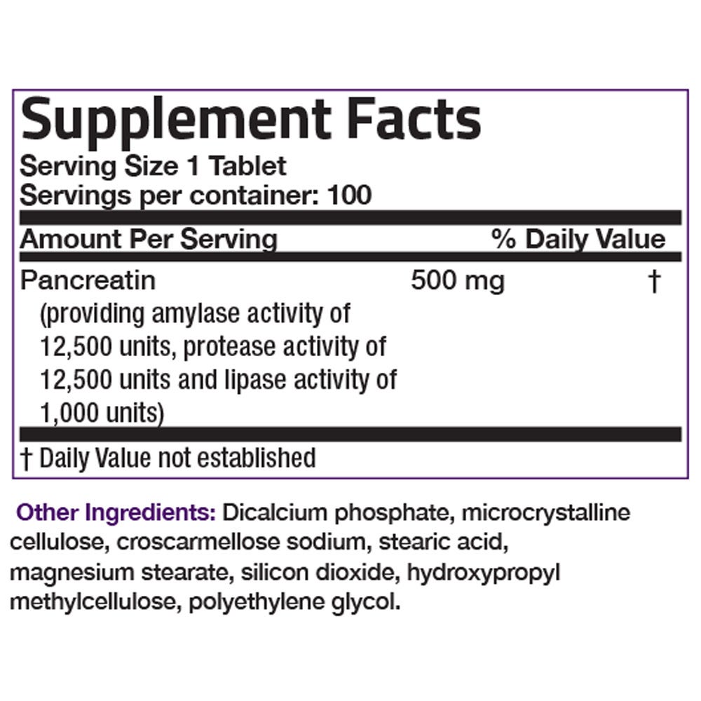 Bronson Vitamins Multiple Digestive Enzymes Amylase Protease Lipase - 100 Tablets, Item #62A, Supplement Facts Panel
